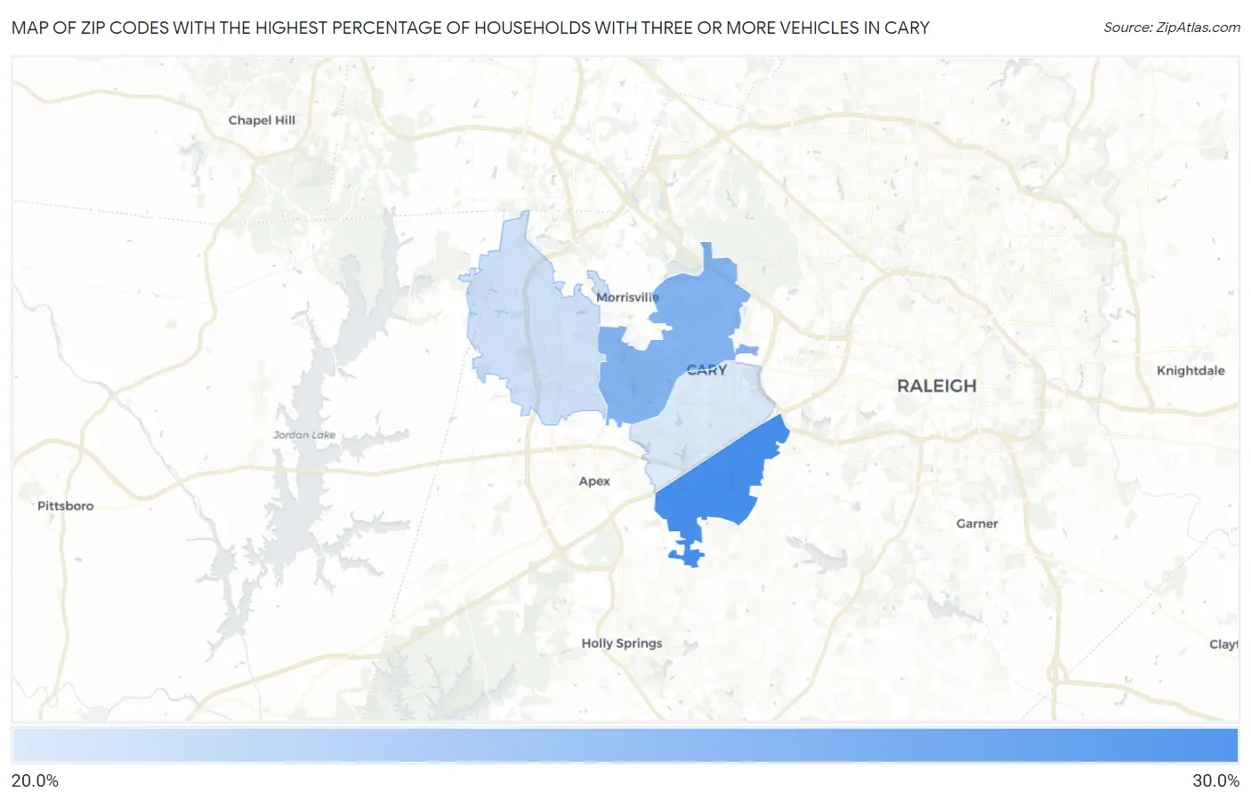 Zip Codes with the Highest Percentage of Households With Three or more Vehicles in Cary Map