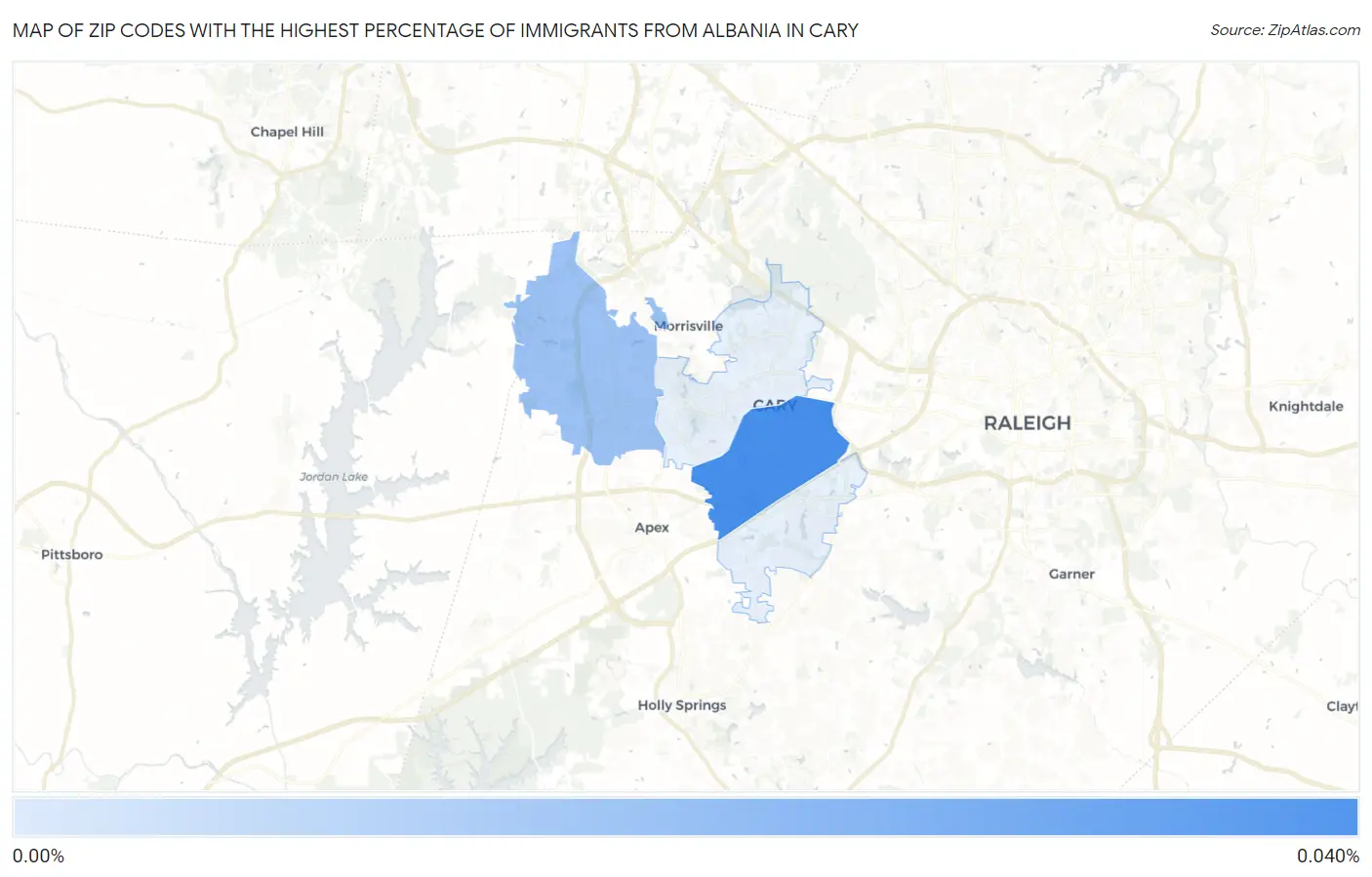 Zip Codes with the Highest Percentage of Immigrants from Albania in Cary Map