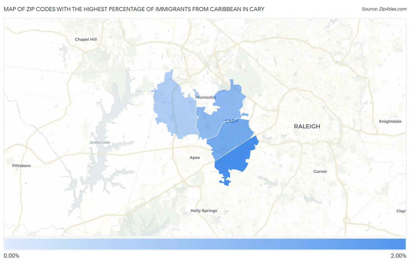 Zip Codes with the Highest Percentage of Immigrants from Caribbean in Cary Map