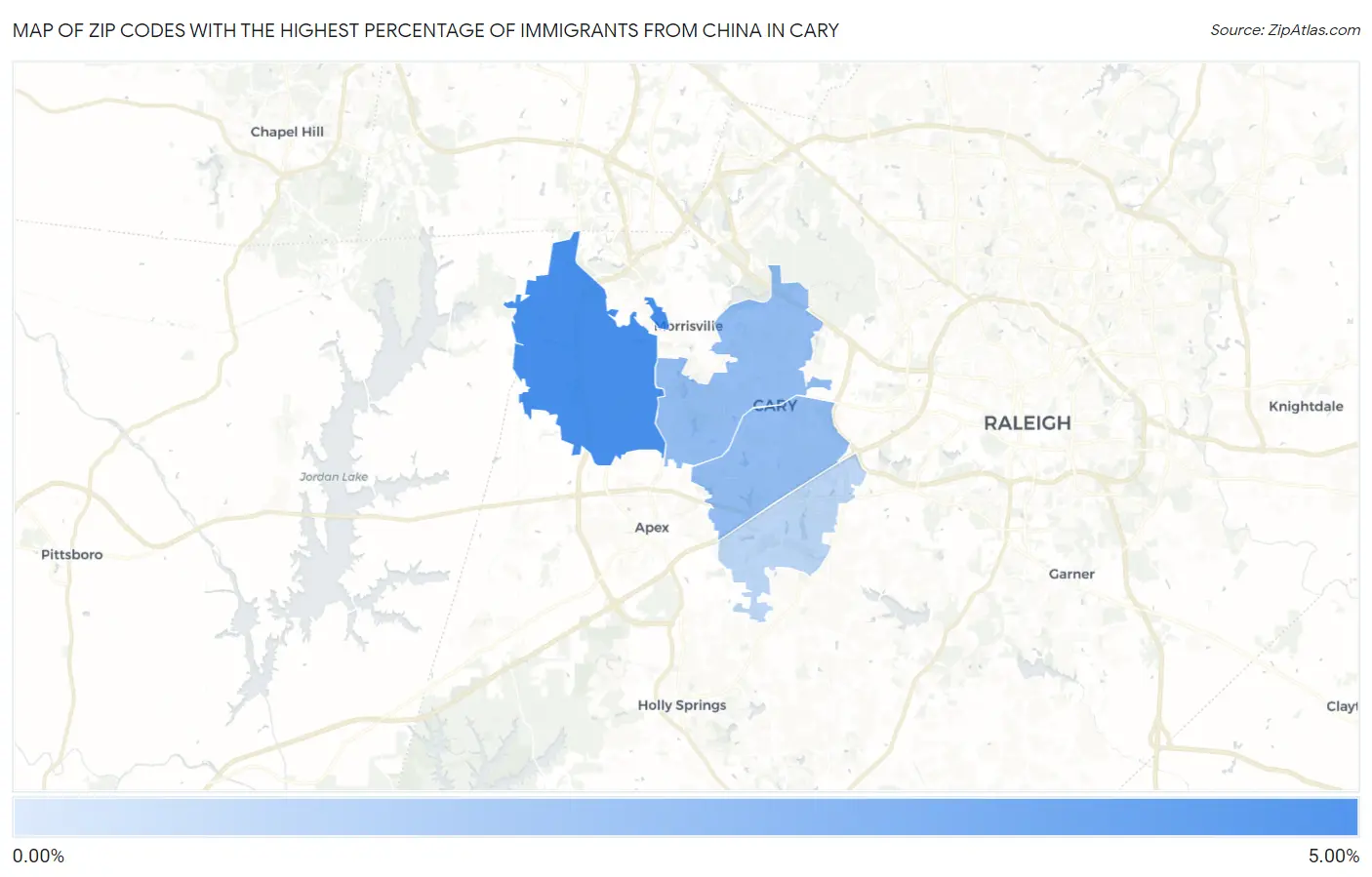 Zip Codes with the Highest Percentage of Immigrants from China in Cary Map