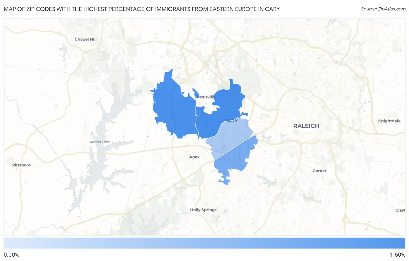 Zip Codes with the Highest Percentage of Immigrants from Eastern Europe in Cary Map