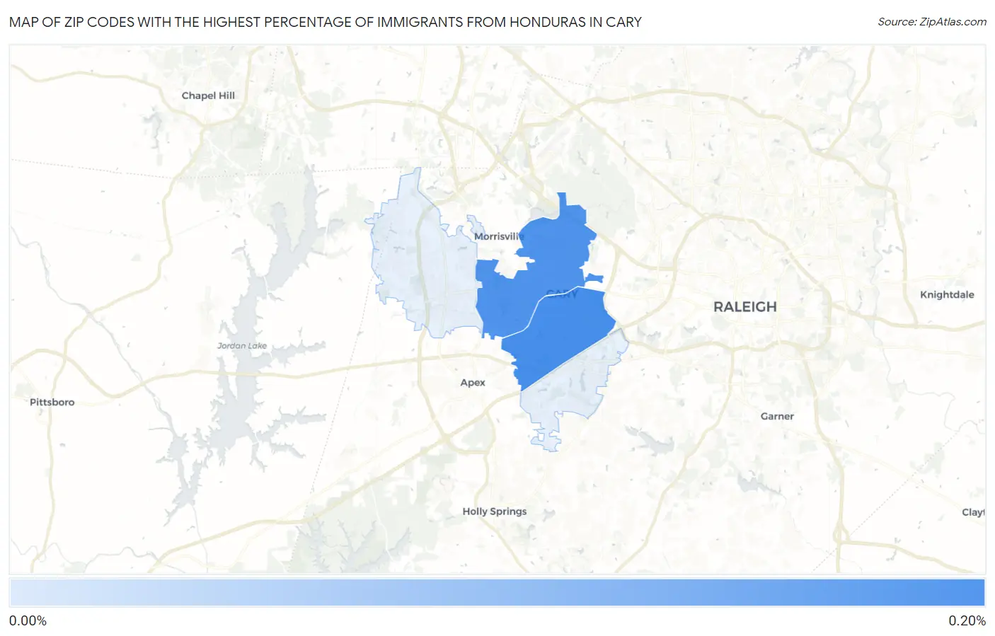 Zip Codes with the Highest Percentage of Immigrants from Honduras in Cary Map