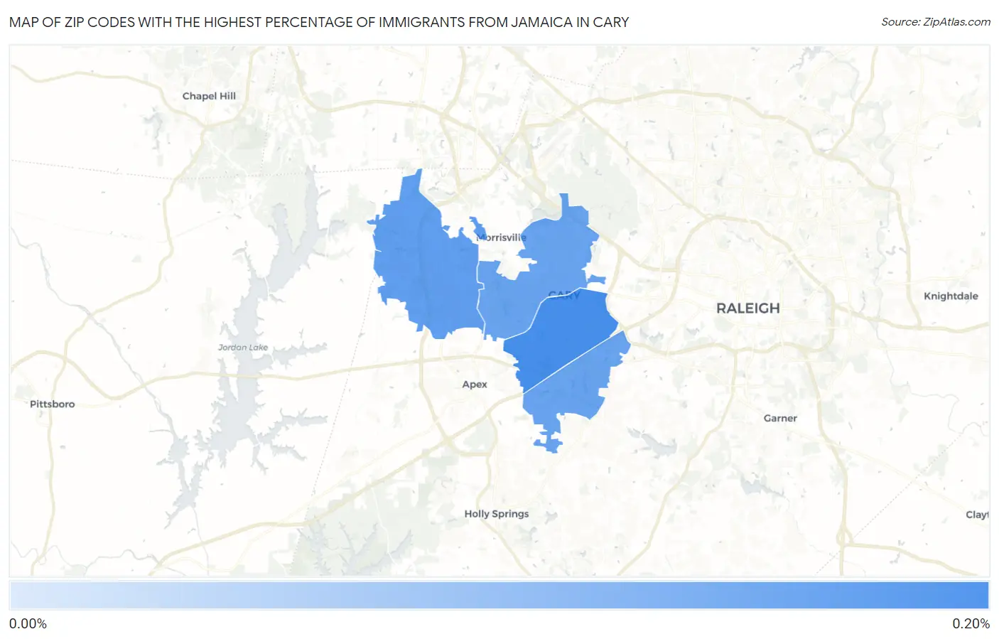 Zip Codes with the Highest Percentage of Immigrants from Jamaica in Cary Map
