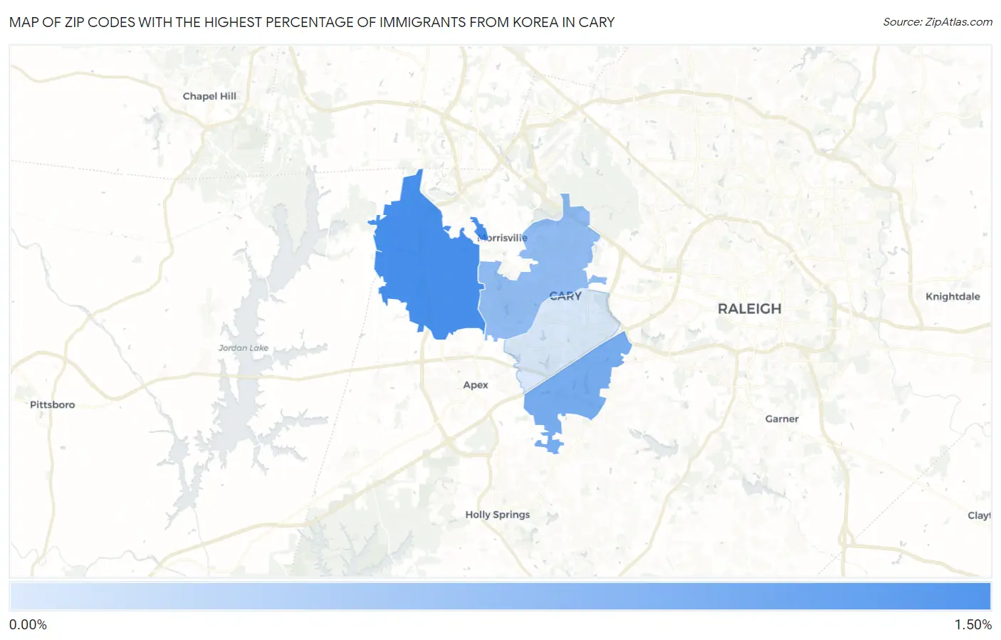 Zip Codes with the Highest Percentage of Immigrants from Korea in Cary Map