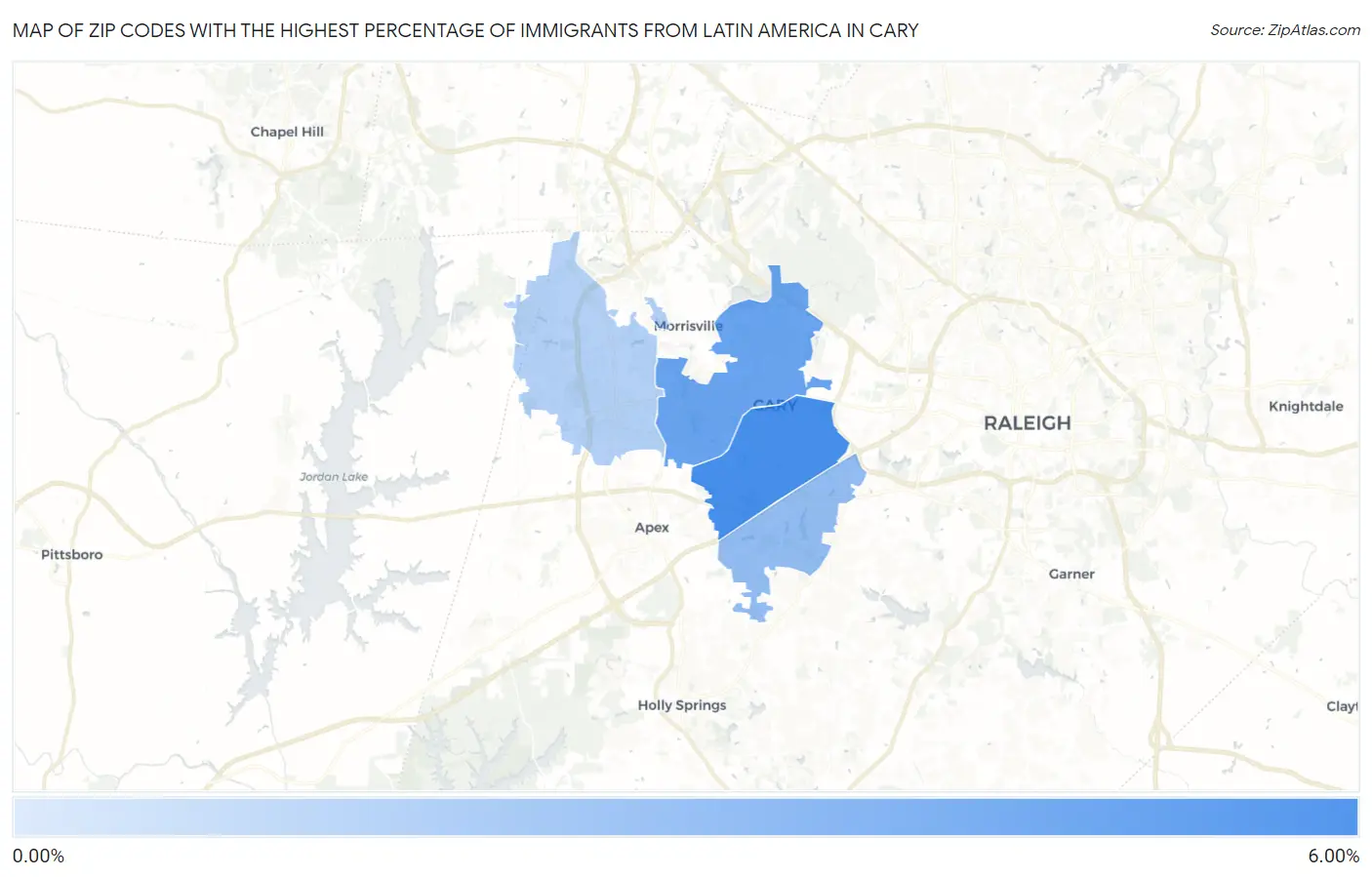 Zip Codes with the Highest Percentage of Immigrants from Latin America in Cary Map