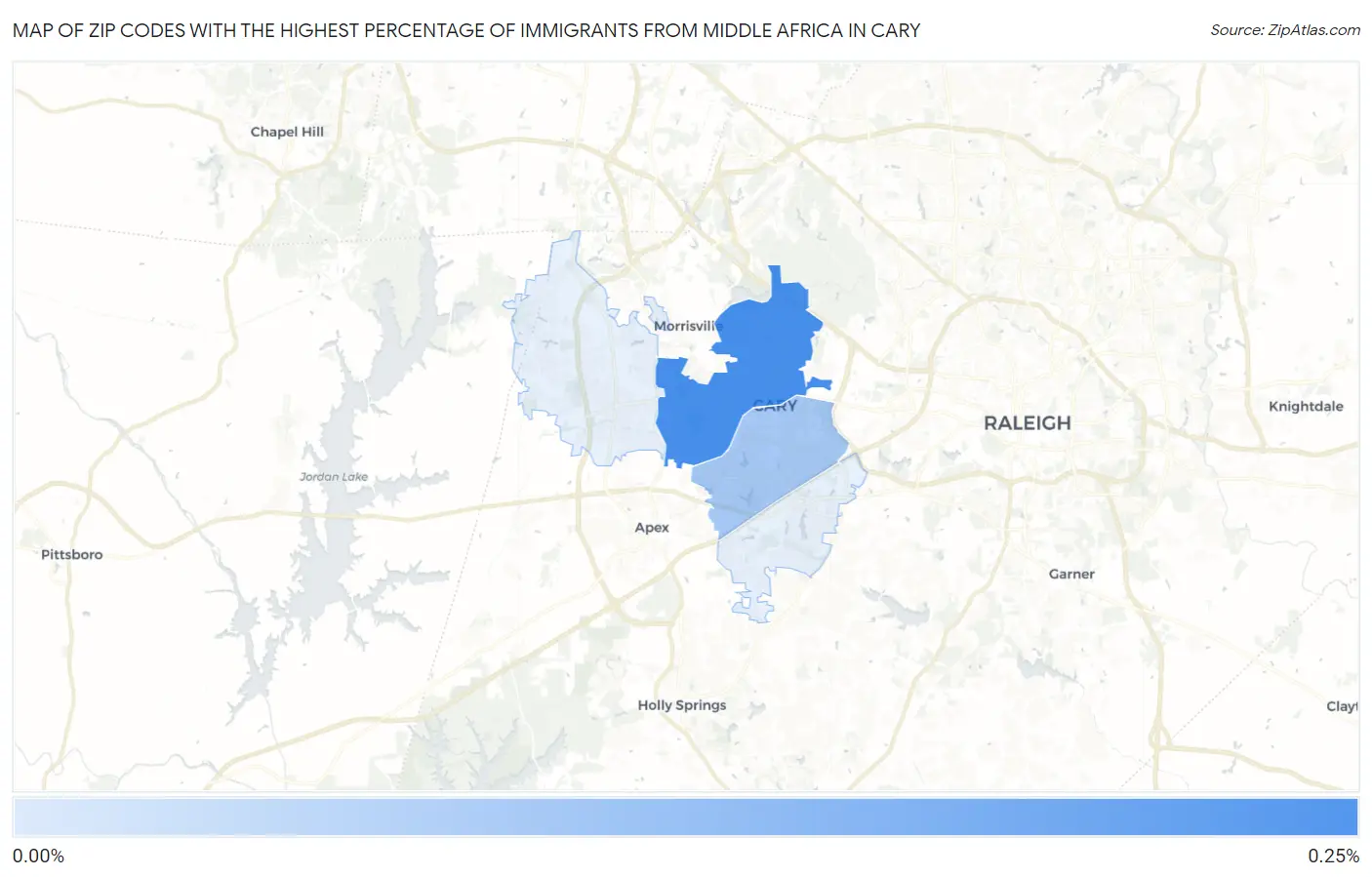 Zip Codes with the Highest Percentage of Immigrants from Middle Africa in Cary Map