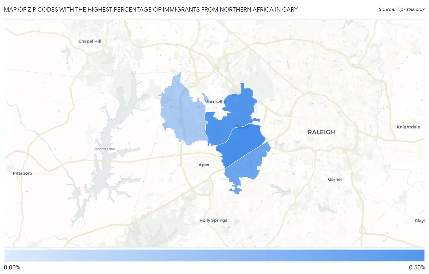 Zip Codes with the Highest Percentage of Immigrants from Northern Africa in Cary Map
