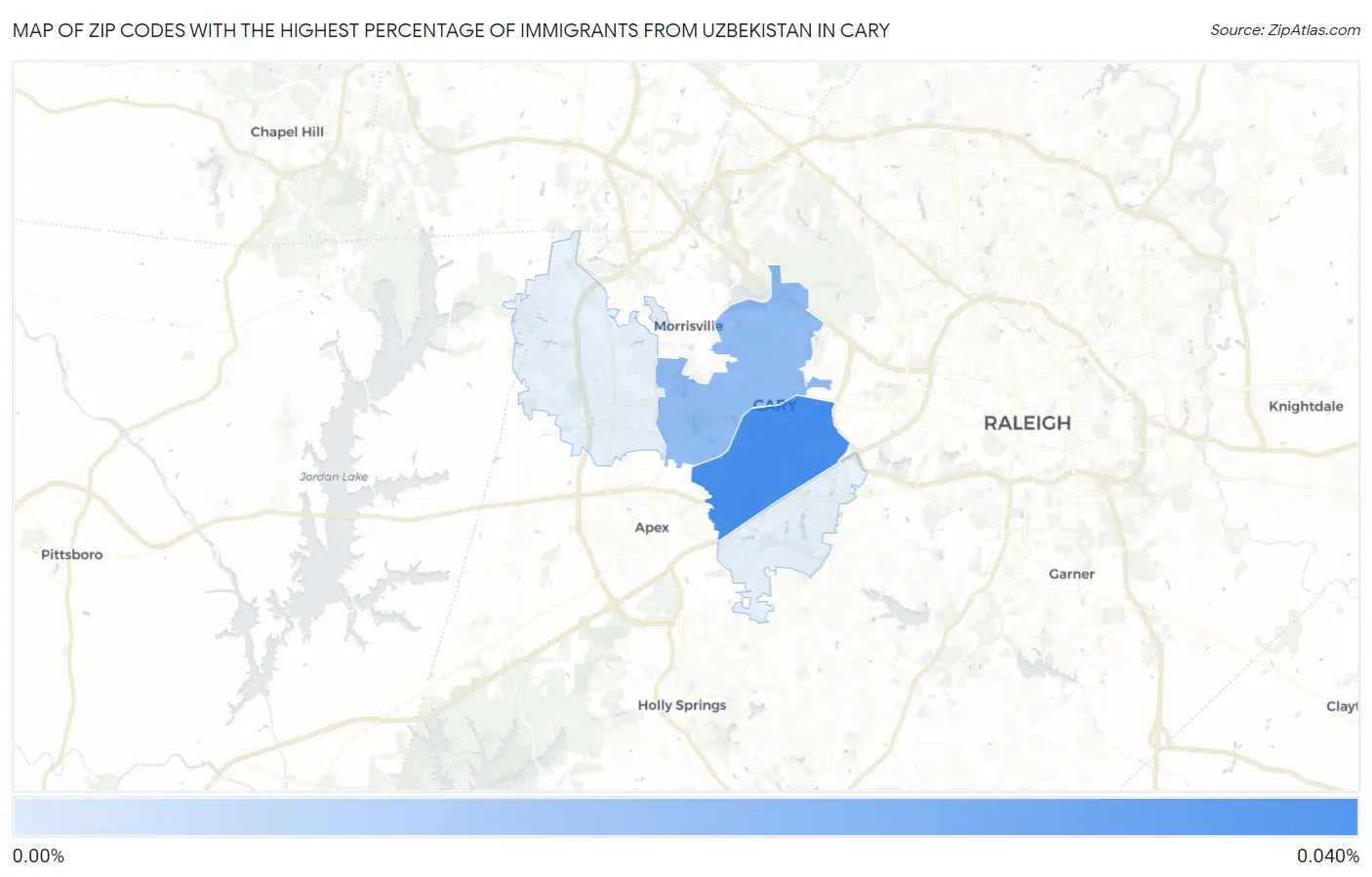 Zip Codes with the Highest Percentage of Immigrants from Uzbekistan in Cary Map