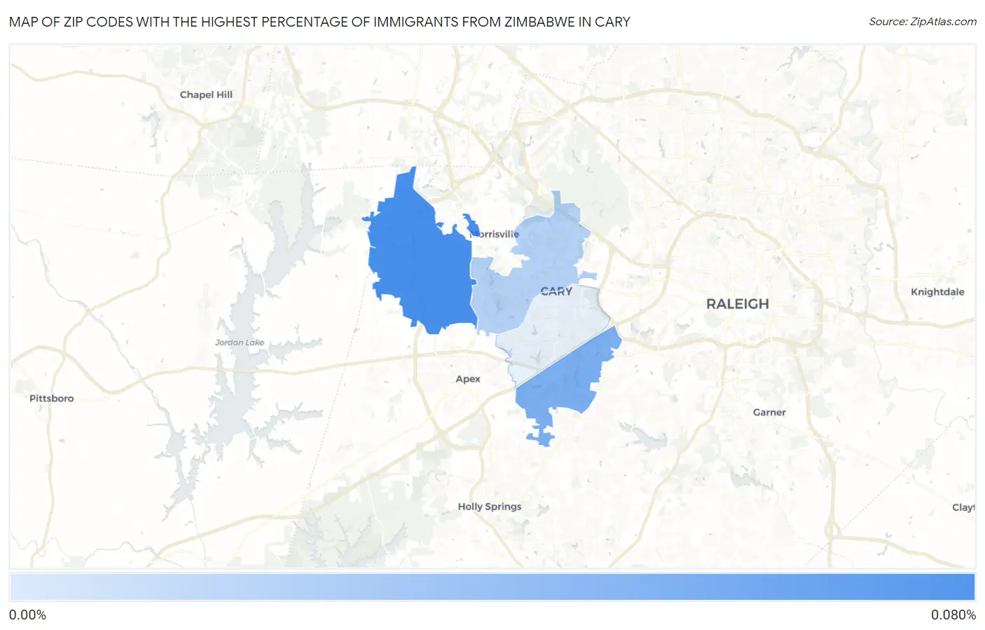 Zip Codes with the Highest Percentage of Immigrants from Zimbabwe in Cary Map