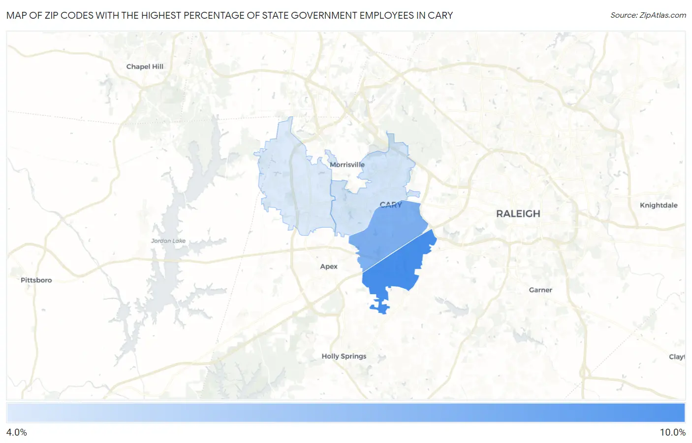 Zip Codes with the Highest Percentage of State Government Employees in Cary Map