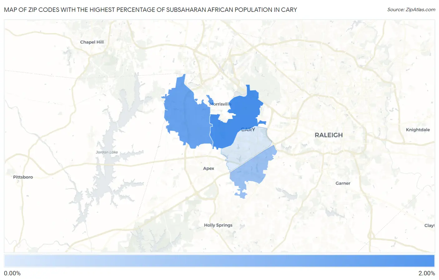 Zip Codes with the Highest Percentage of Subsaharan African Population in Cary Map