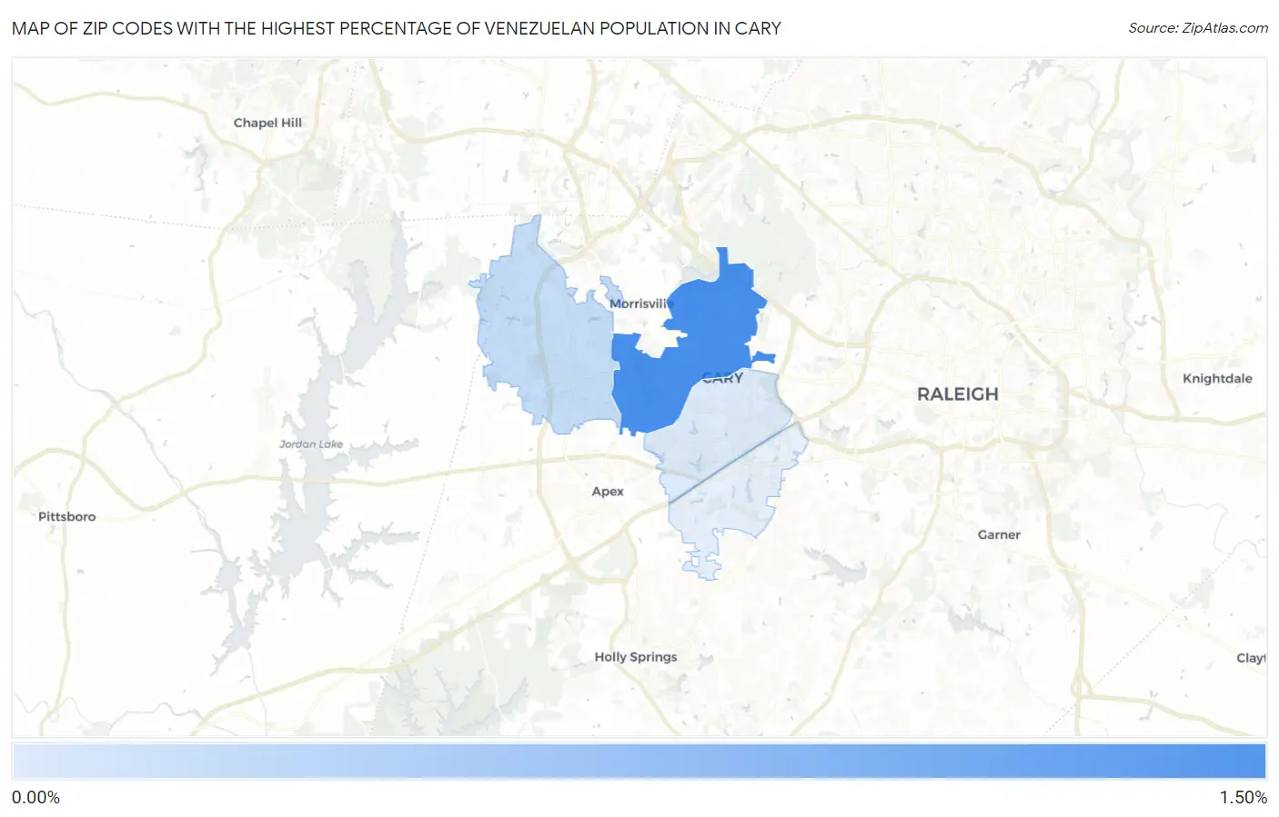 Zip Codes with the Highest Percentage of Venezuelan Population in Cary Map