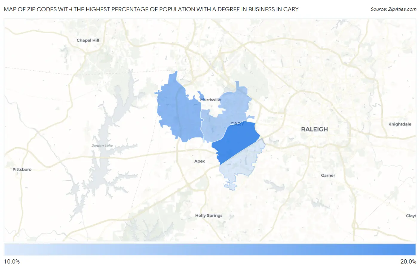 Zip Codes with the Highest Percentage of Population with a Degree in Business in Cary Map