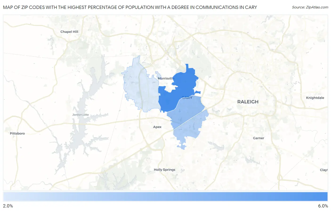 Zip Codes with the Highest Percentage of Population with a Degree in Communications in Cary Map