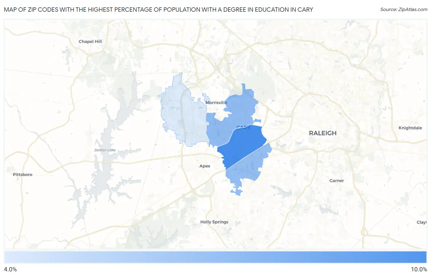 Zip Codes with the Highest Percentage of Population with a Degree in Education in Cary Map