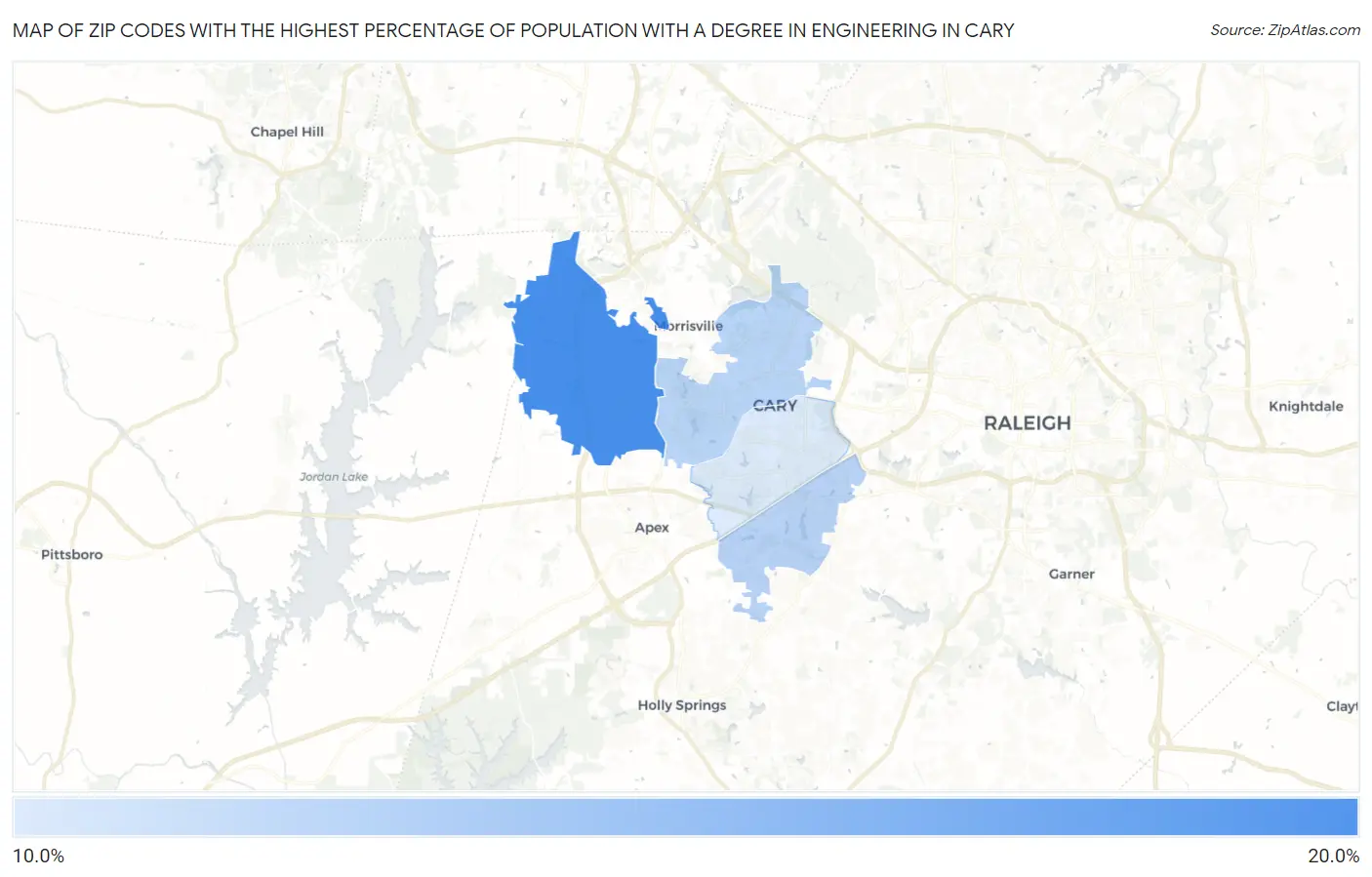 Zip Codes with the Highest Percentage of Population with a Degree in Engineering in Cary Map