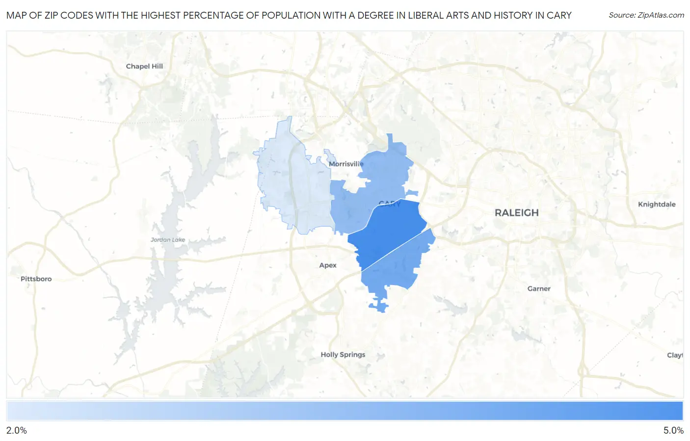 Zip Codes with the Highest Percentage of Population with a Degree in Liberal Arts and History in Cary Map