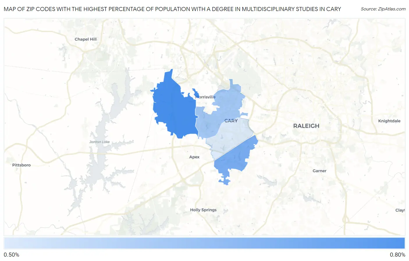 Zip Codes with the Highest Percentage of Population with a Degree in Multidisciplinary Studies in Cary Map