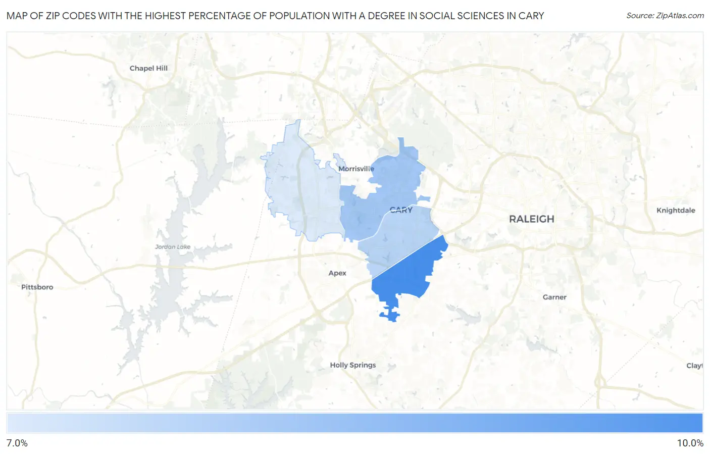 Zip Codes with the Highest Percentage of Population with a Degree in Social Sciences in Cary Map