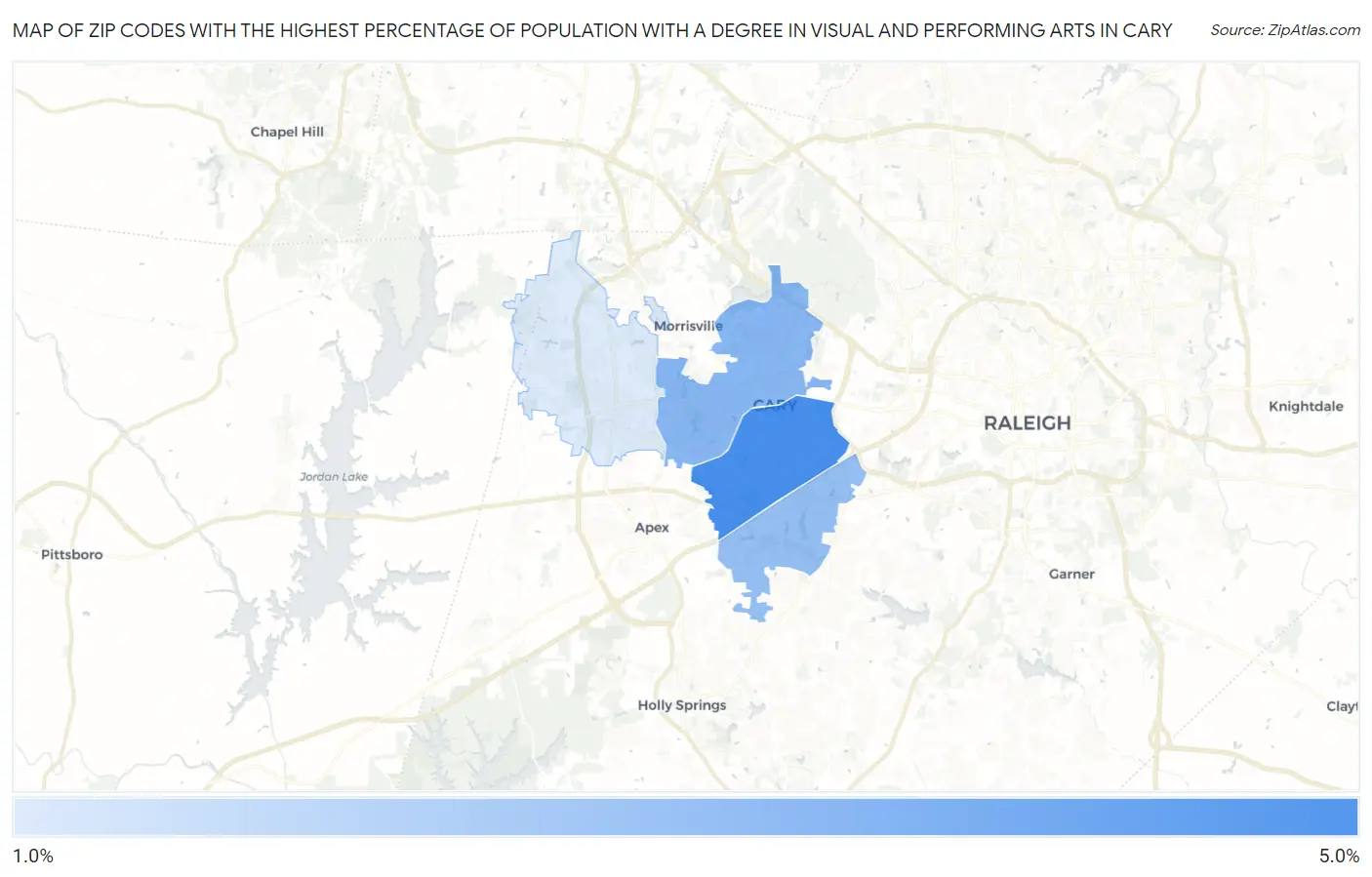 Zip Codes with the Highest Percentage of Population with a Degree in Visual and Performing Arts in Cary Map