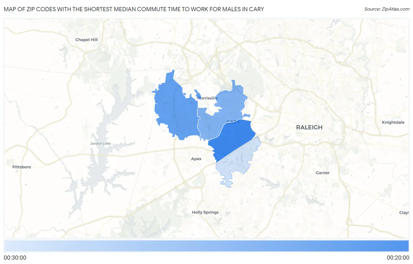 Zip Codes with the Shortest Median Commute Time to Work for Males in Cary Map
