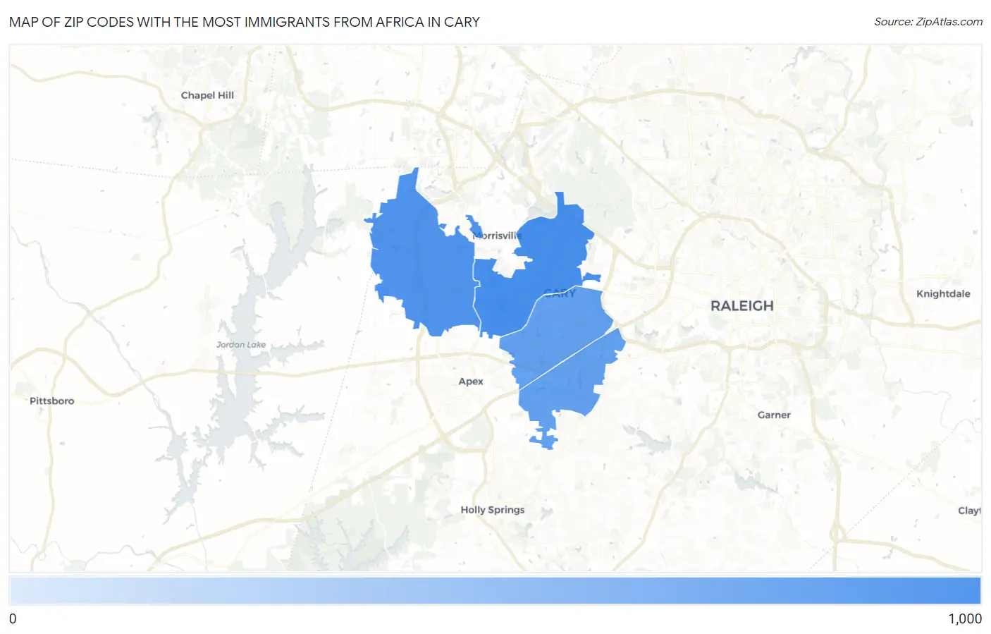 Zip Codes with the Most Immigrants from Africa in Cary Map