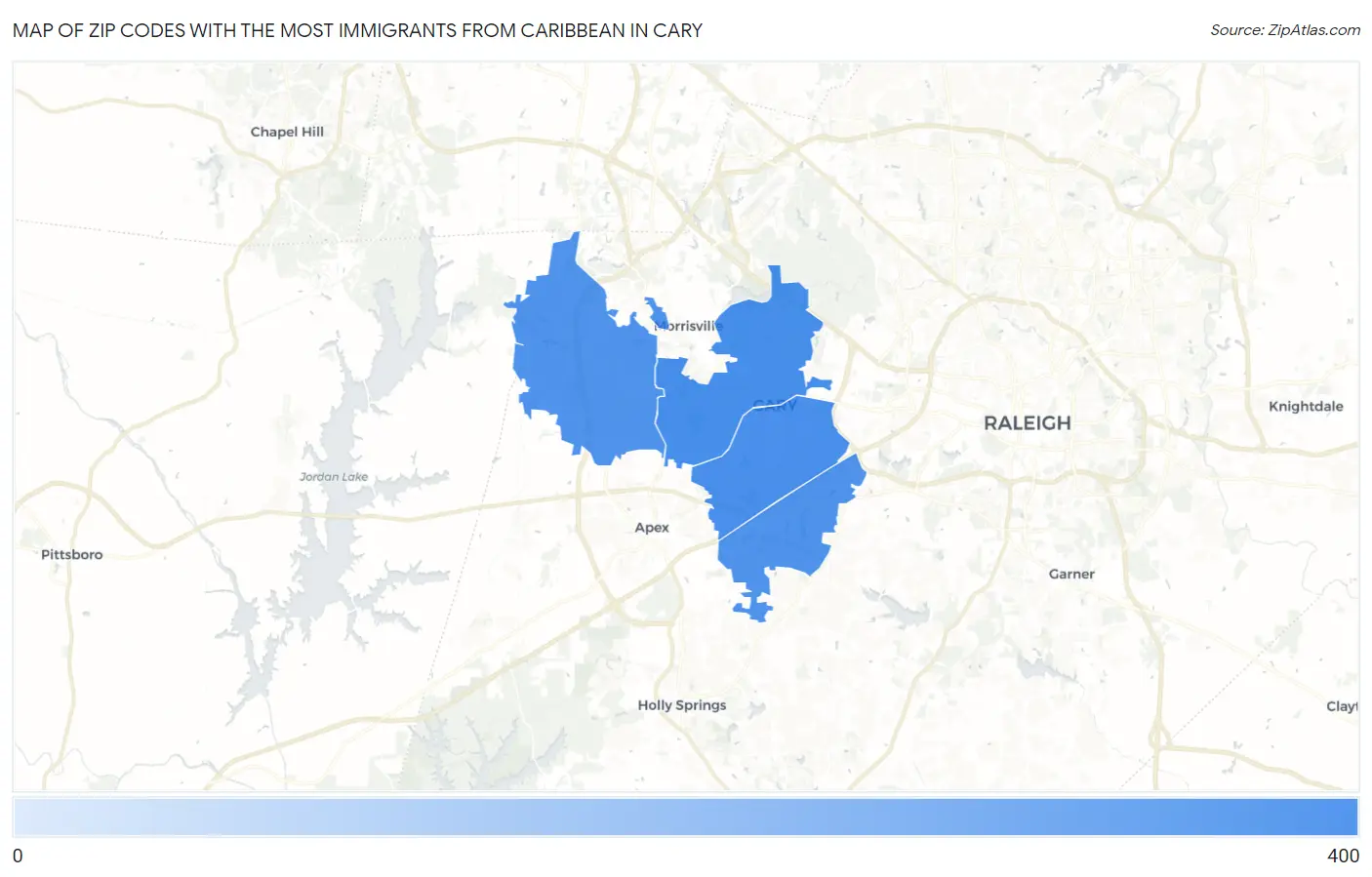 Zip Codes with the Most Immigrants from Caribbean in Cary Map