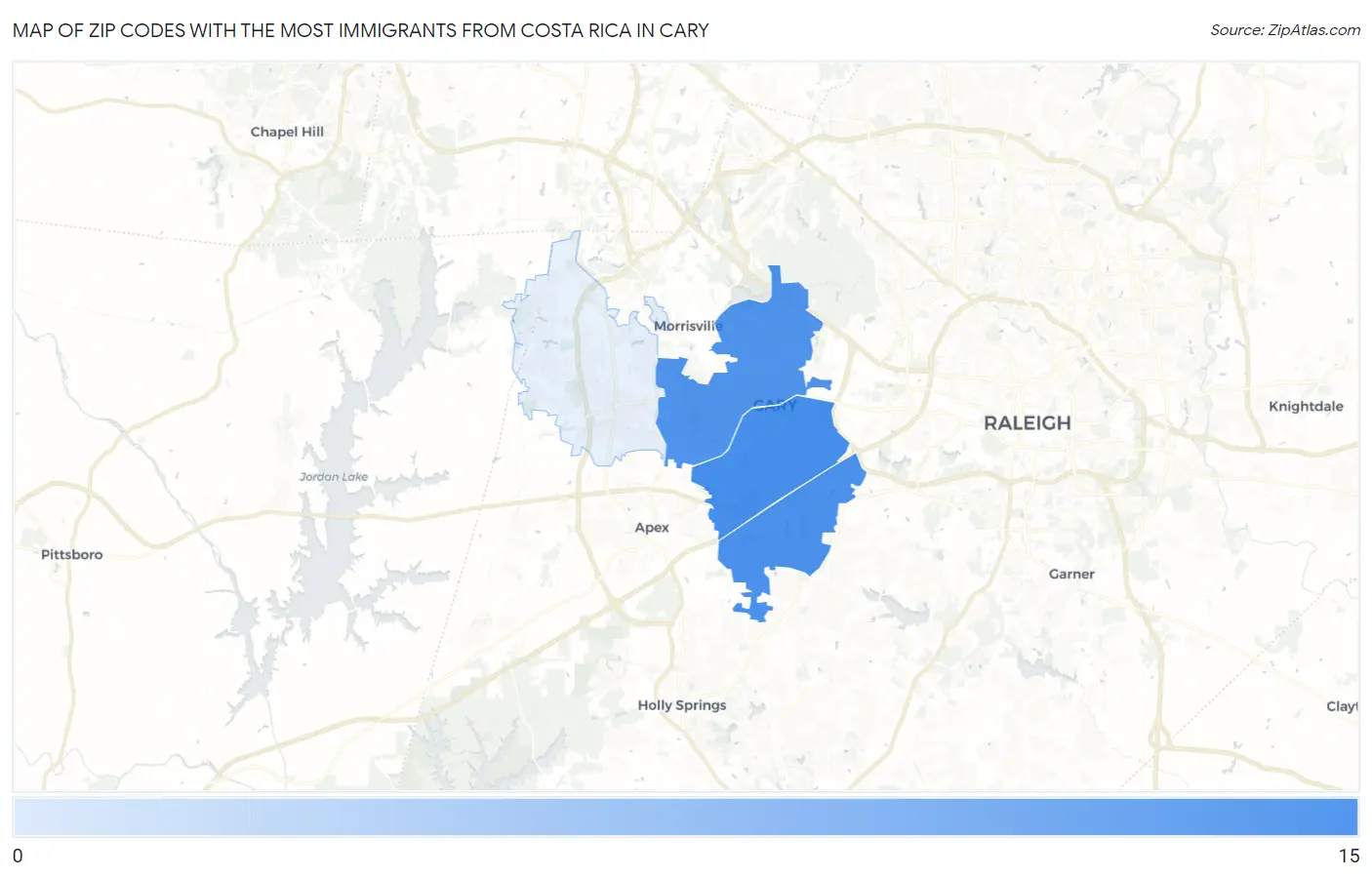 Zip Codes with the Most Immigrants from Costa Rica in Cary Map