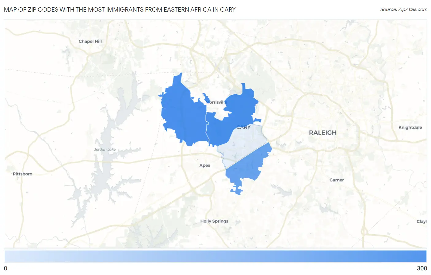 Zip Codes with the Most Immigrants from Eastern Africa in Cary Map