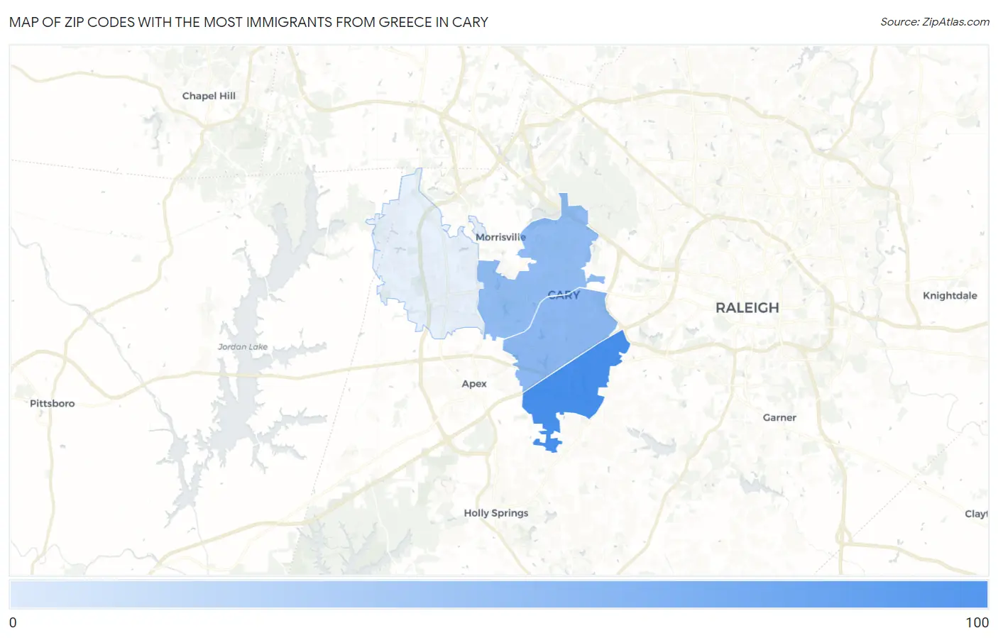Zip Codes with the Most Immigrants from Greece in Cary Map