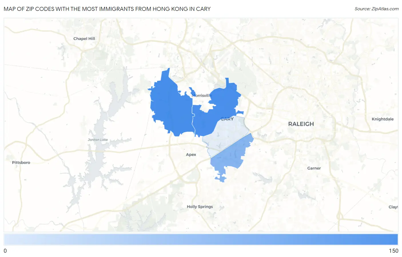 Zip Codes with the Most Immigrants from Hong Kong in Cary Map