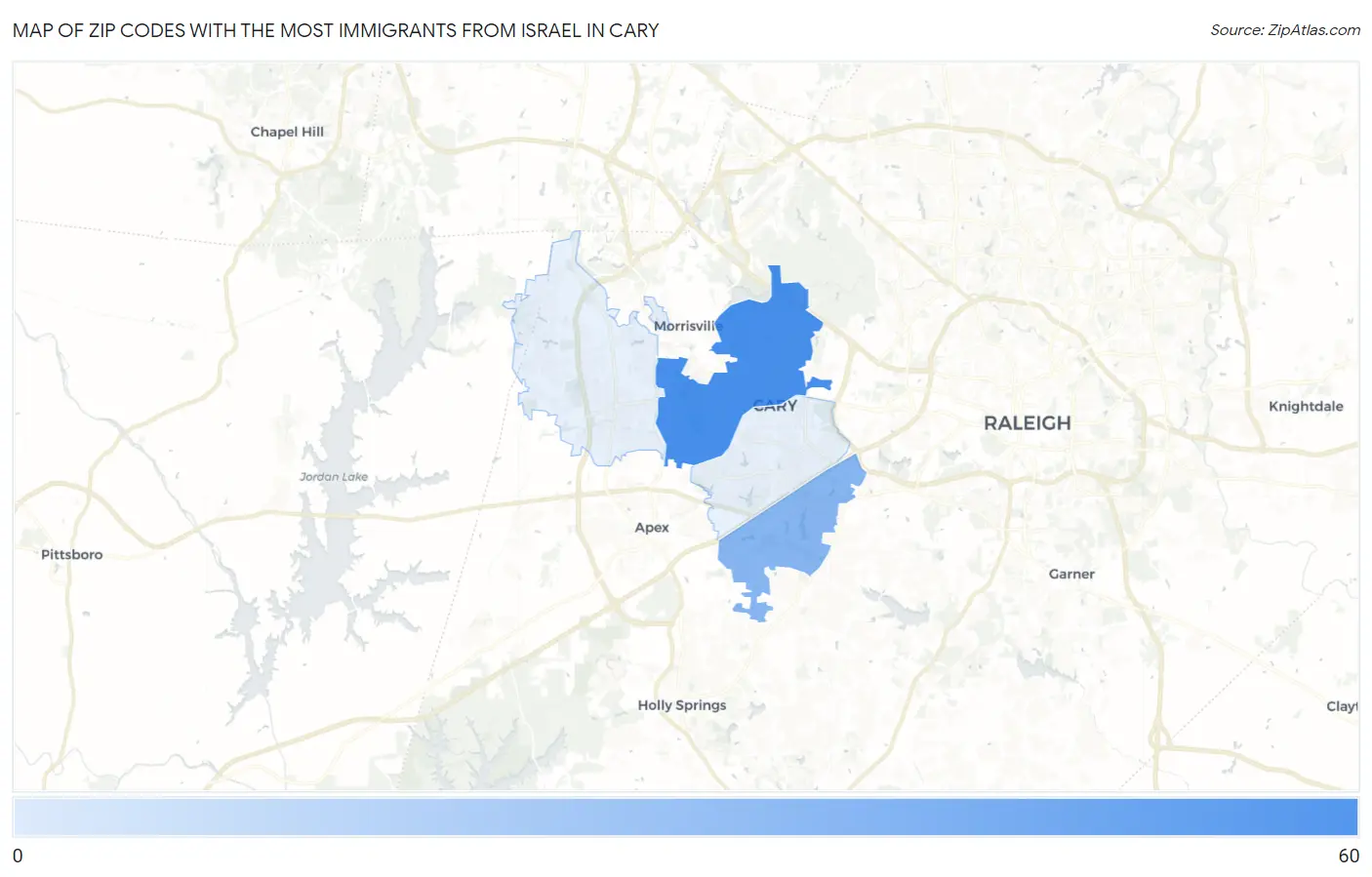 Zip Codes with the Most Immigrants from Israel in Cary Map