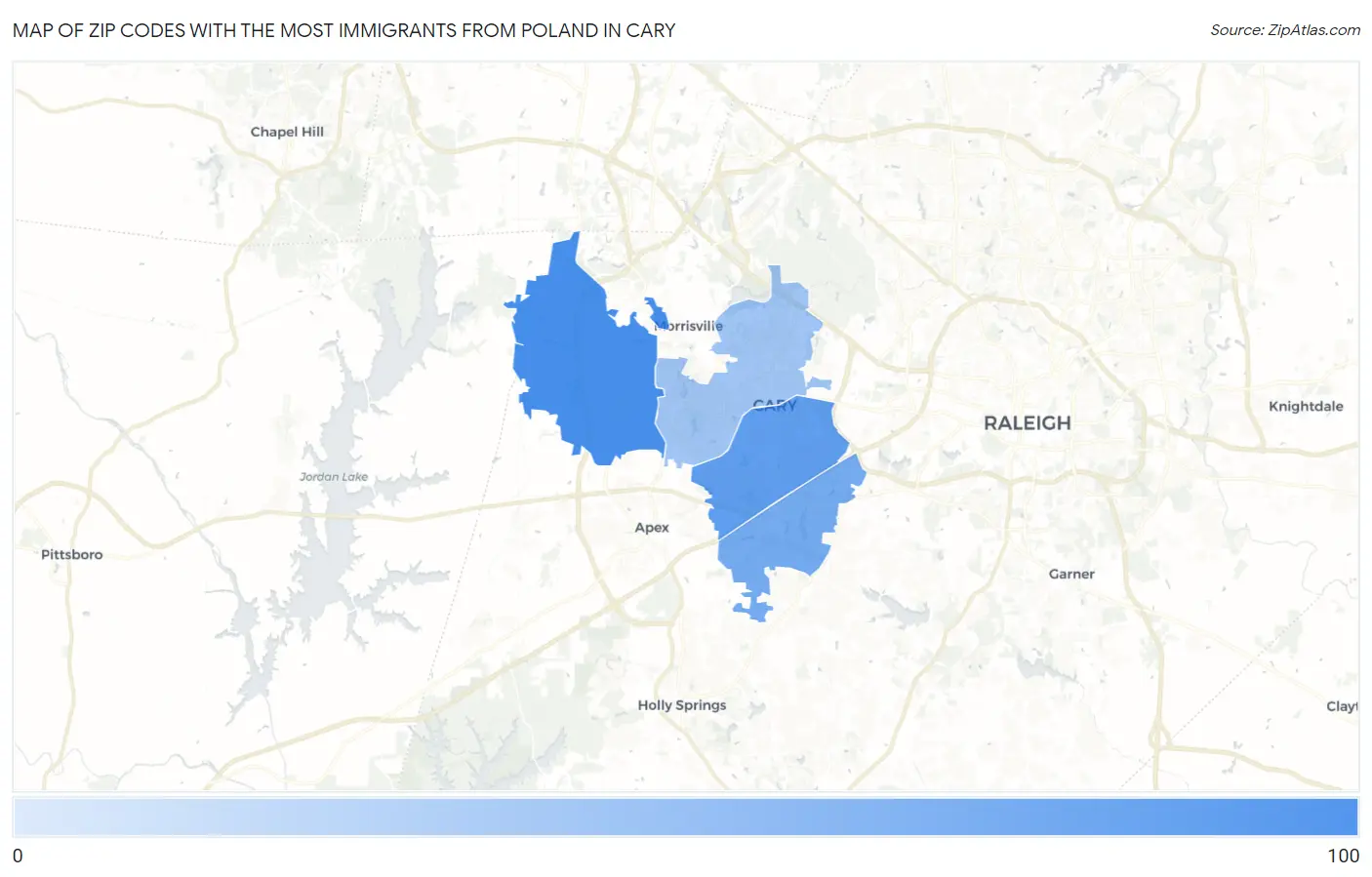 Zip Codes with the Most Immigrants from Poland in Cary Map