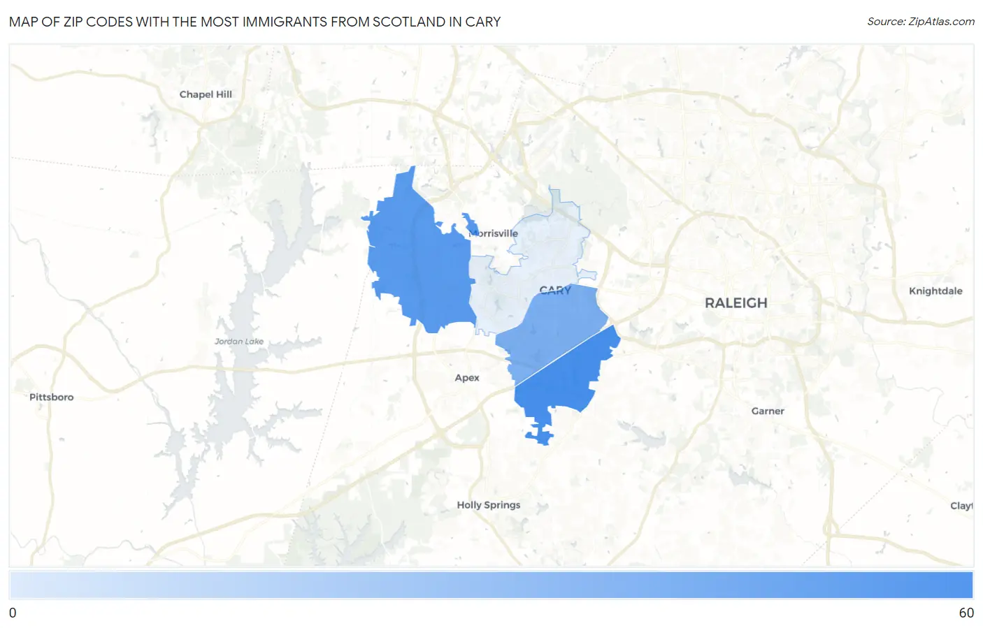 Zip Codes with the Most Immigrants from Scotland in Cary Map