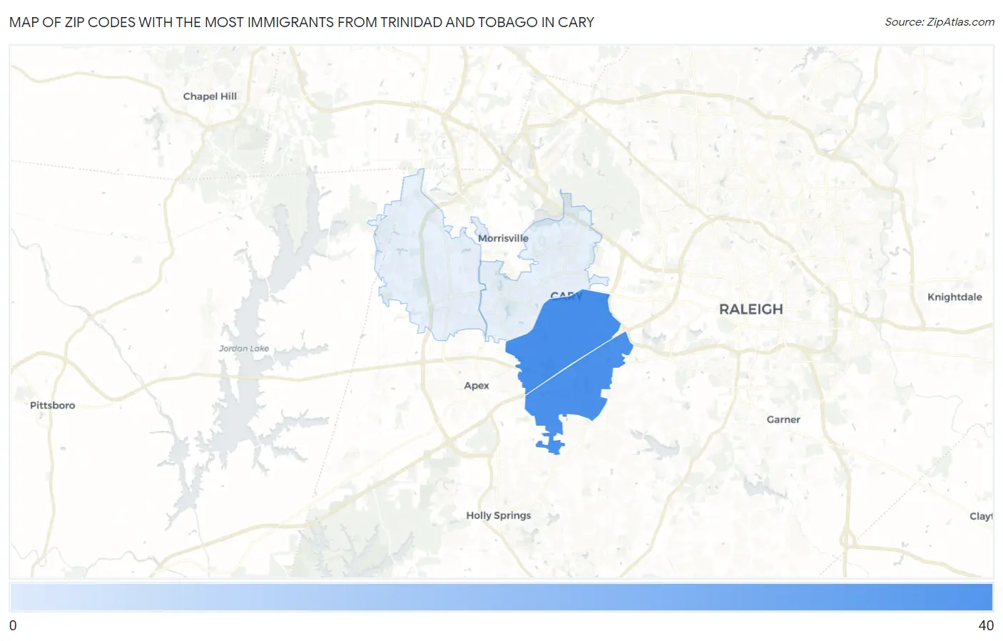 Zip Codes with the Most Immigrants from Trinidad and Tobago in Cary Map
