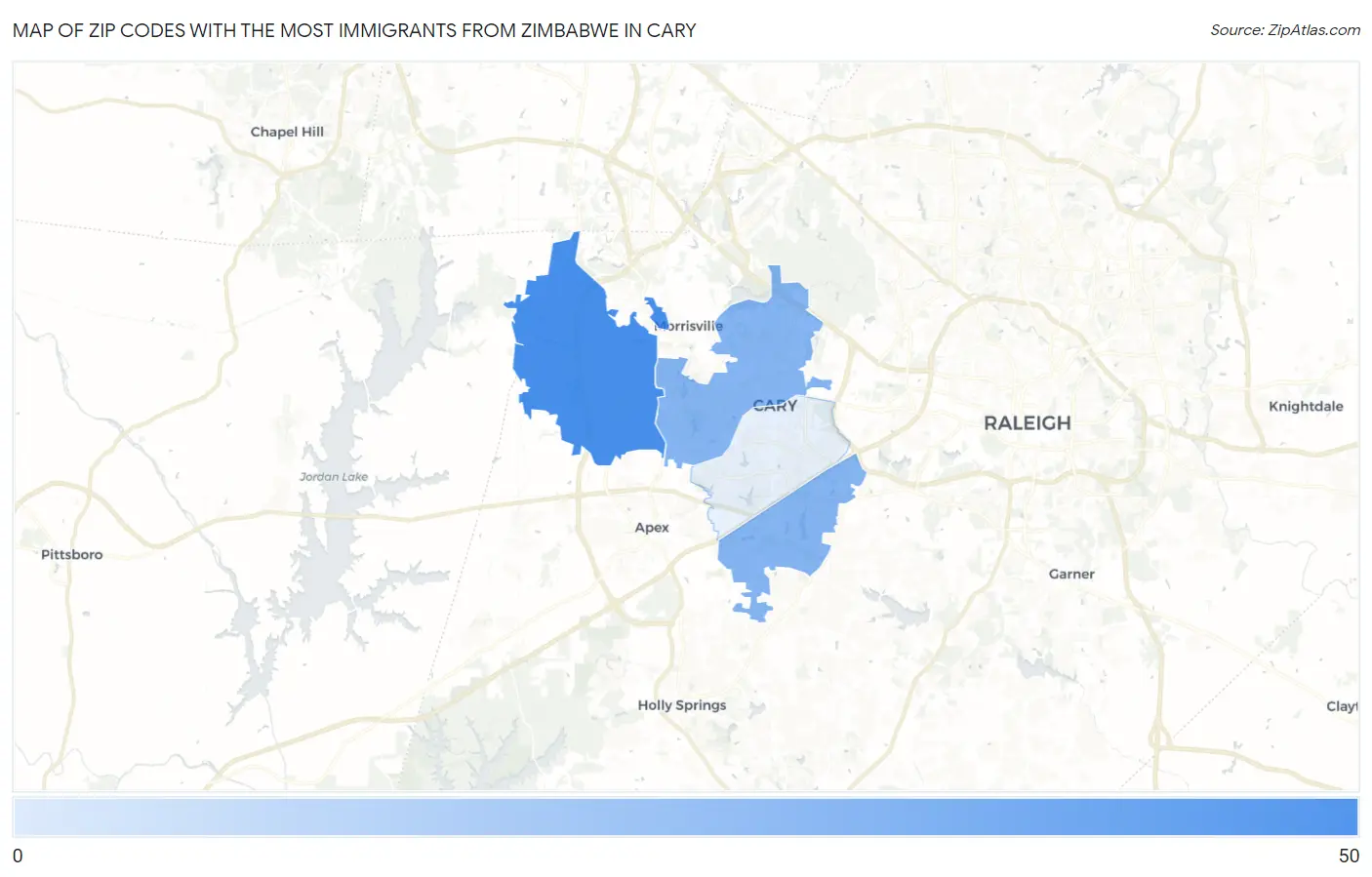 Zip Codes with the Most Immigrants from Zimbabwe in Cary Map