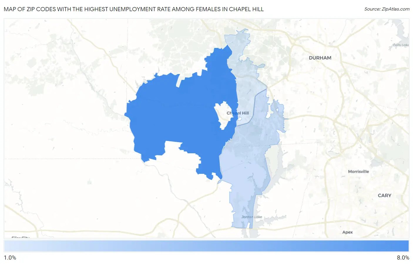 Zip Codes with the Highest Unemployment Rate Among Females in Chapel Hill Map