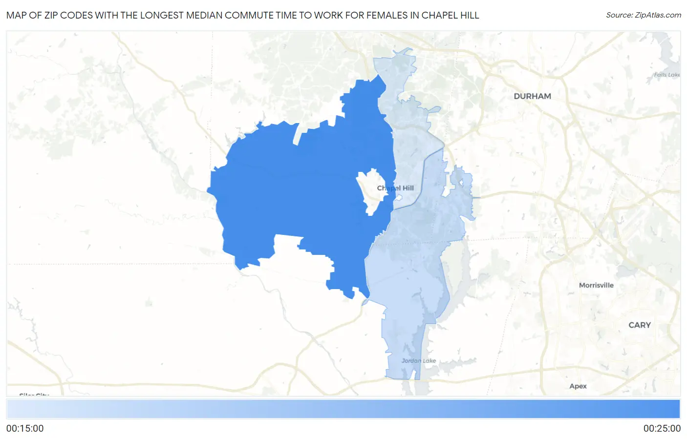 Zip Codes with the Longest Median Commute Time to Work for Females in Chapel Hill Map