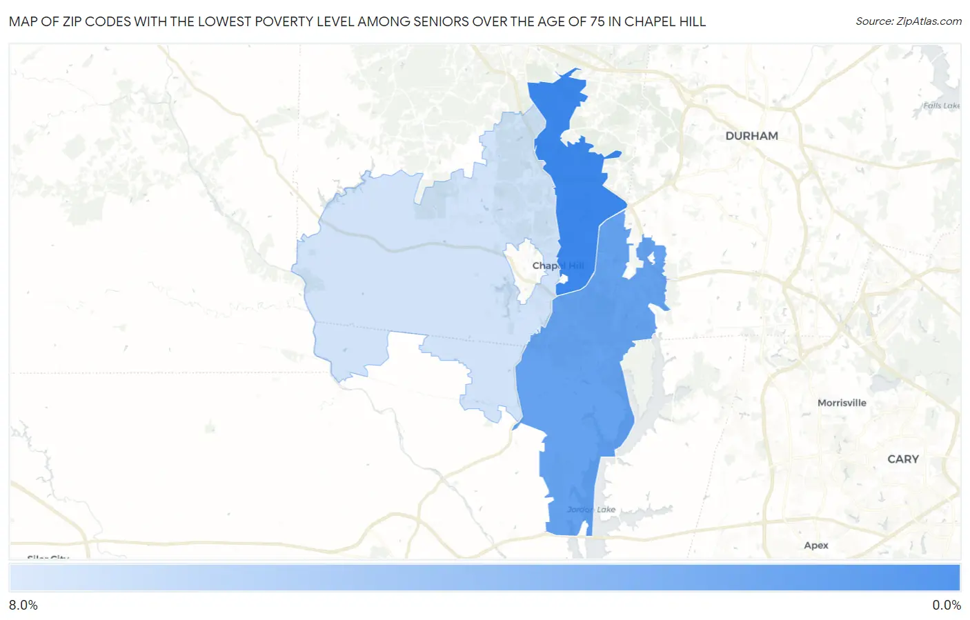 Zip Codes with the Lowest Poverty Level Among Seniors Over the Age of 75 in Chapel Hill Map