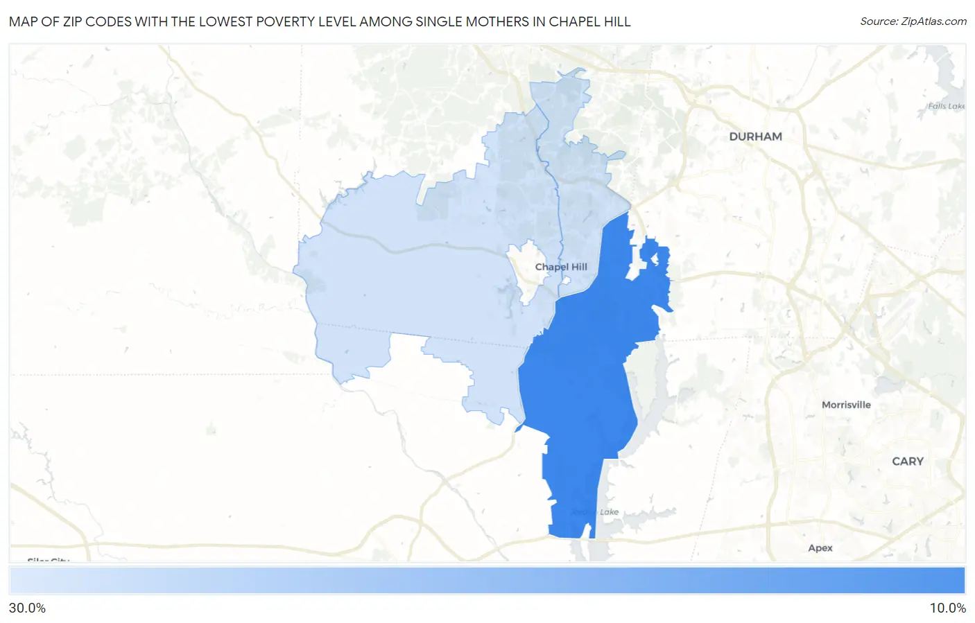Zip Codes with the Lowest Poverty Level Among Single Mothers in Chapel Hill Map