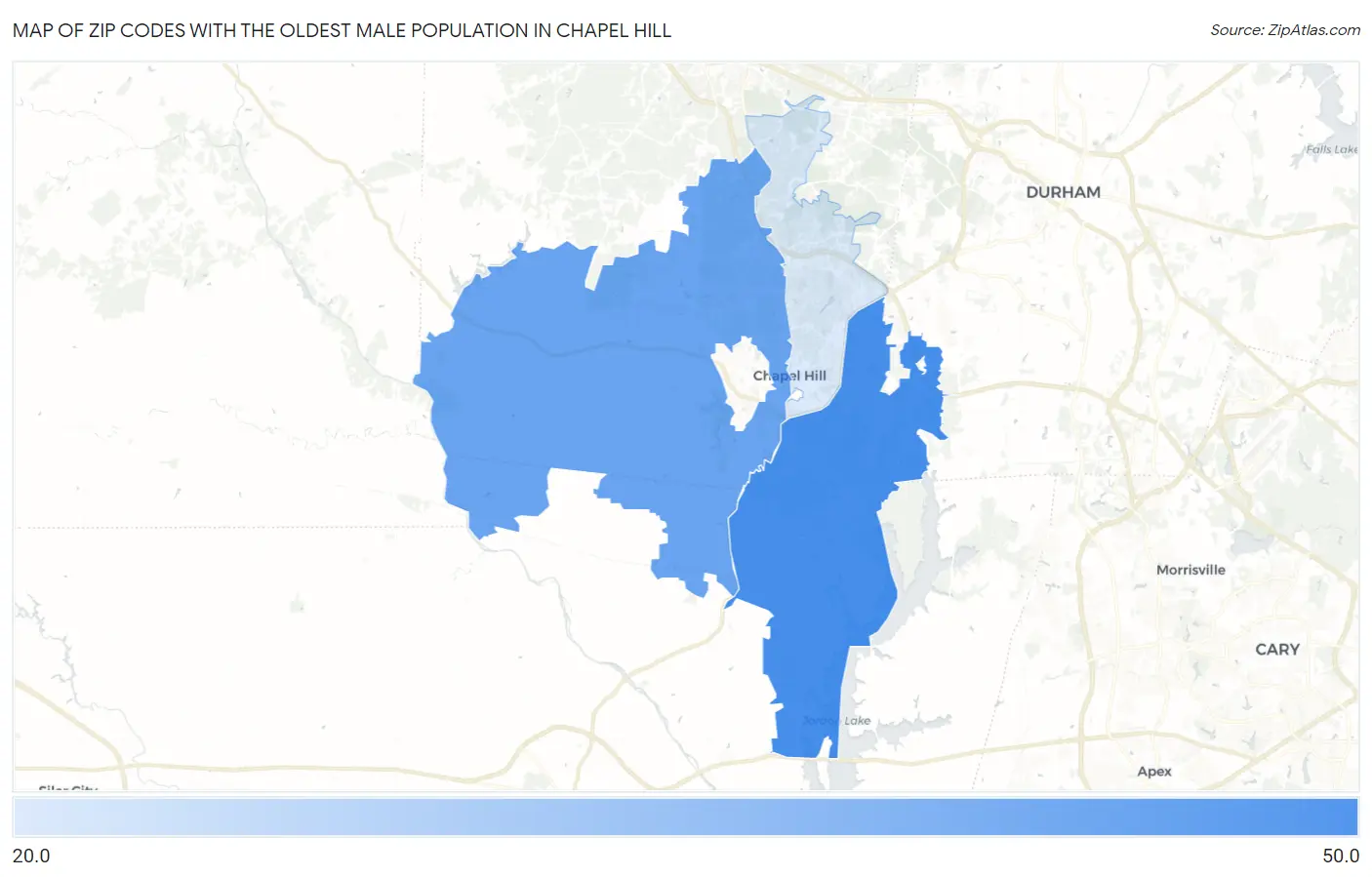 Zip Codes with the Oldest Male Population in Chapel Hill Map