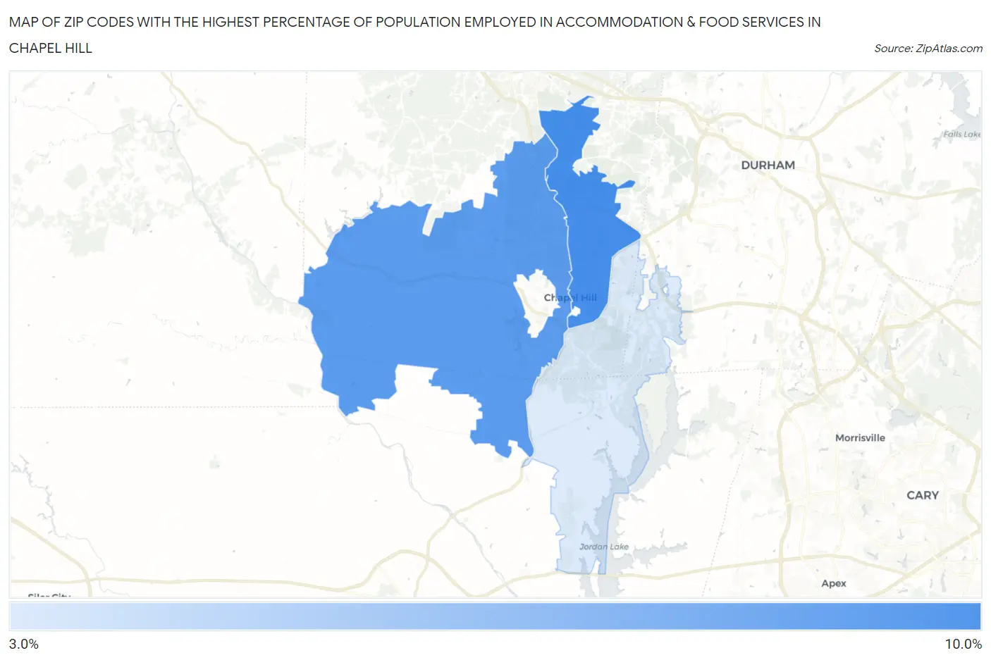 Zip Codes with the Highest Percentage of Population Employed in Accommodation & Food Services in Chapel Hill Map