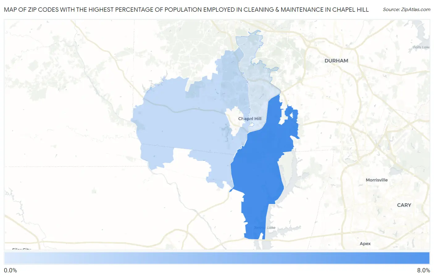 Zip Codes with the Highest Percentage of Population Employed in Cleaning & Maintenance in Chapel Hill Map
