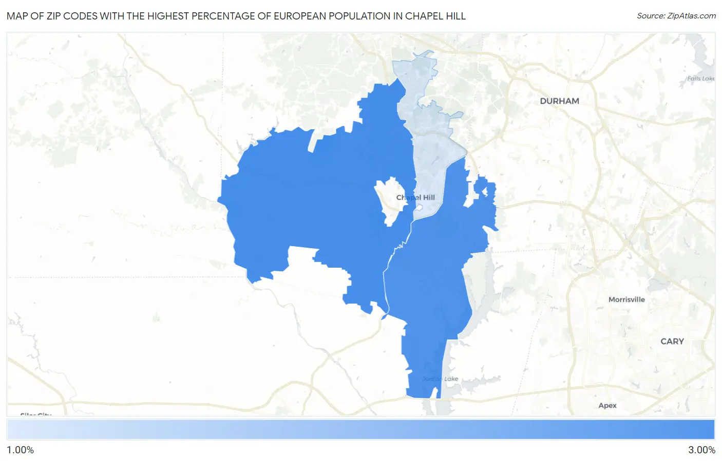 Zip Codes with the Highest Percentage of European Population in Chapel Hill Map