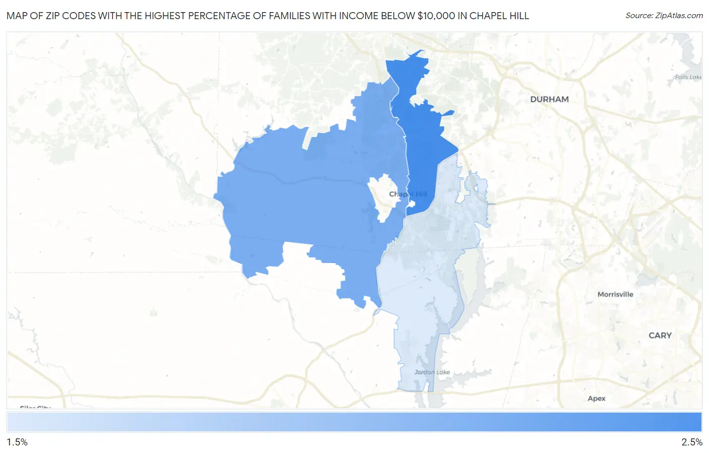 Zip Codes with the Highest Percentage of Families with Income Below $10,000 in Chapel Hill Map