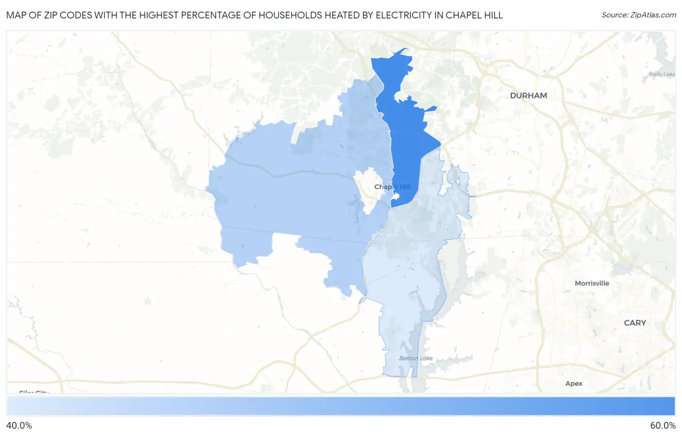 Zip Codes with the Highest Percentage of Households Heated by Electricity in Chapel Hill Map
