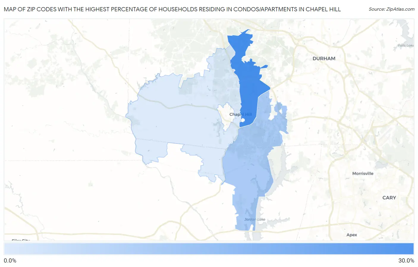 Zip Codes with the Highest Percentage of Households Residing in Condos/Apartments in Chapel Hill Map