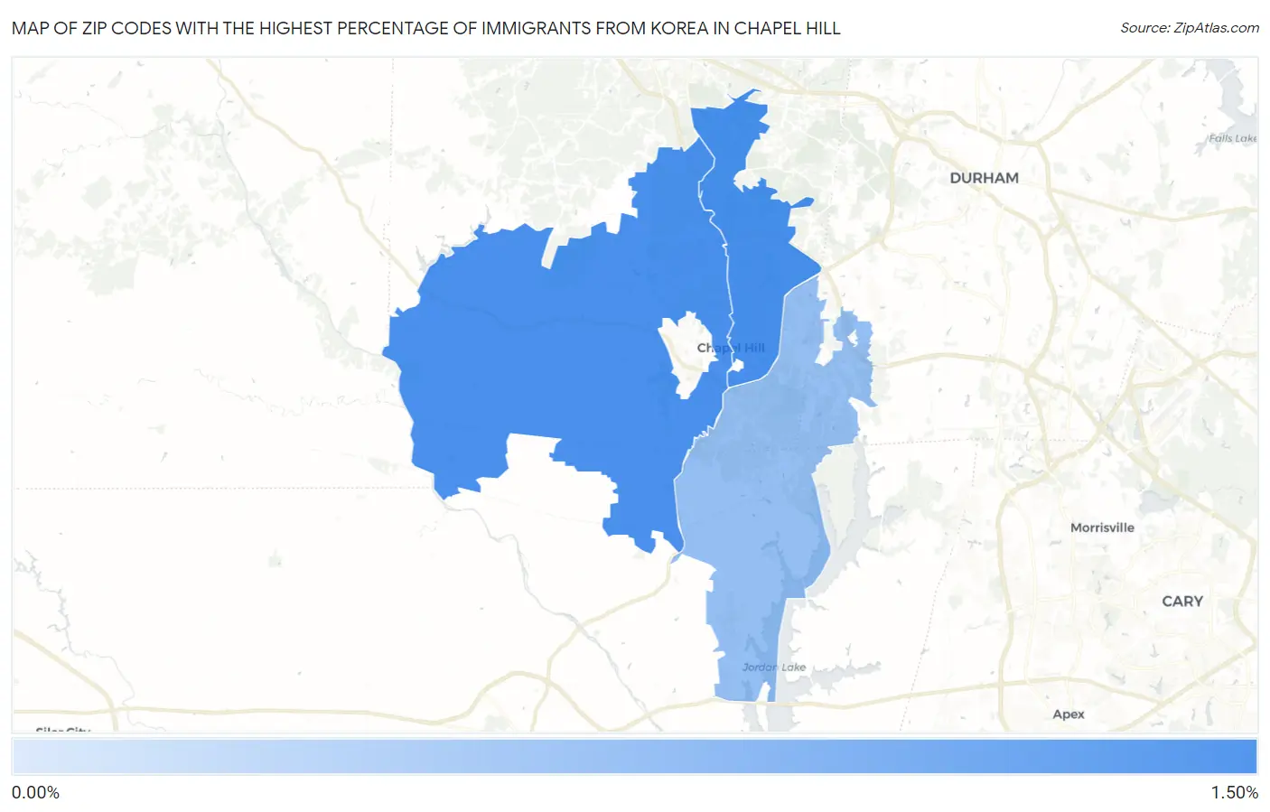 Zip Codes with the Highest Percentage of Immigrants from Korea in Chapel Hill Map