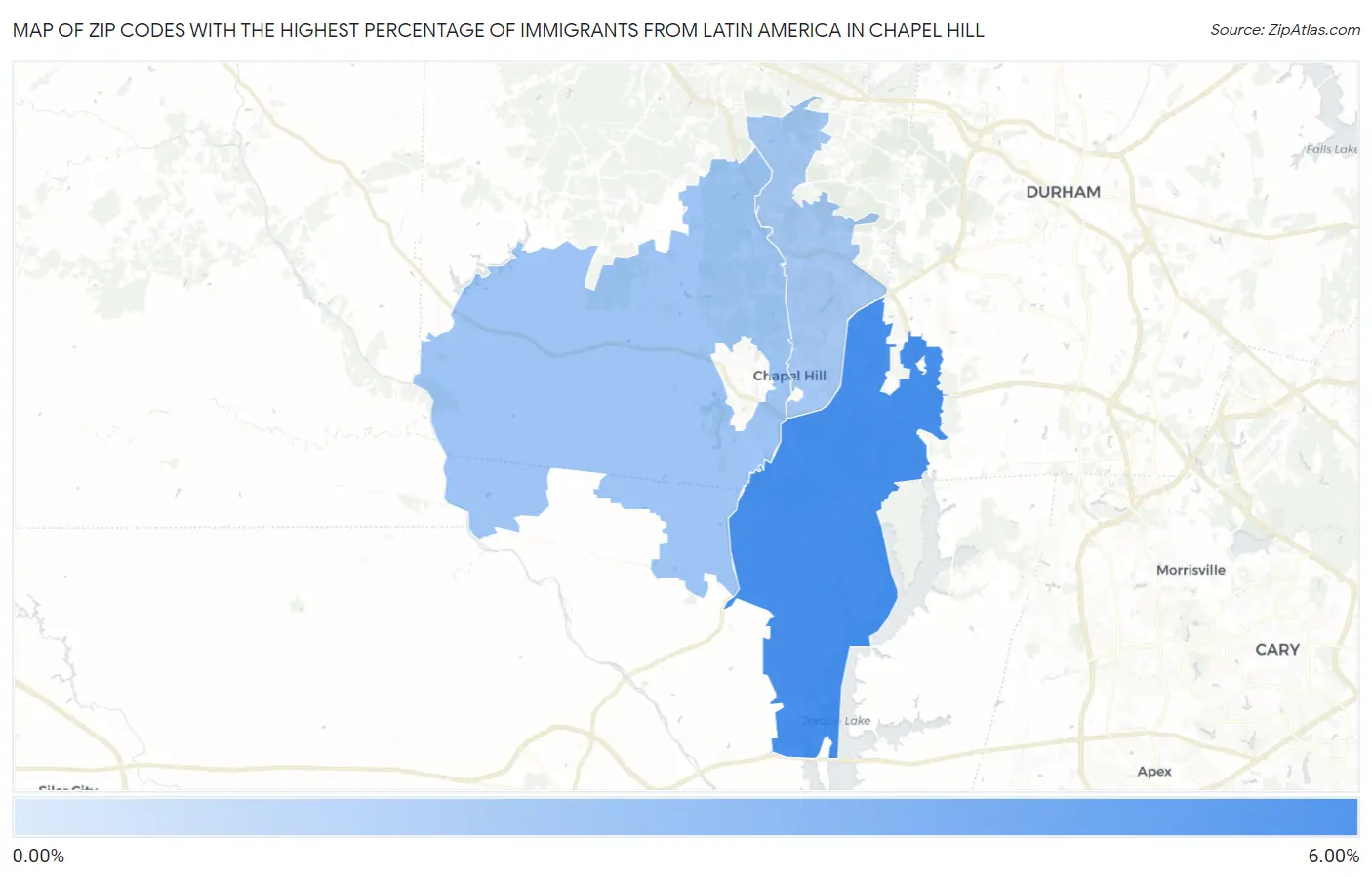 Zip Codes with the Highest Percentage of Immigrants from Latin America in Chapel Hill Map