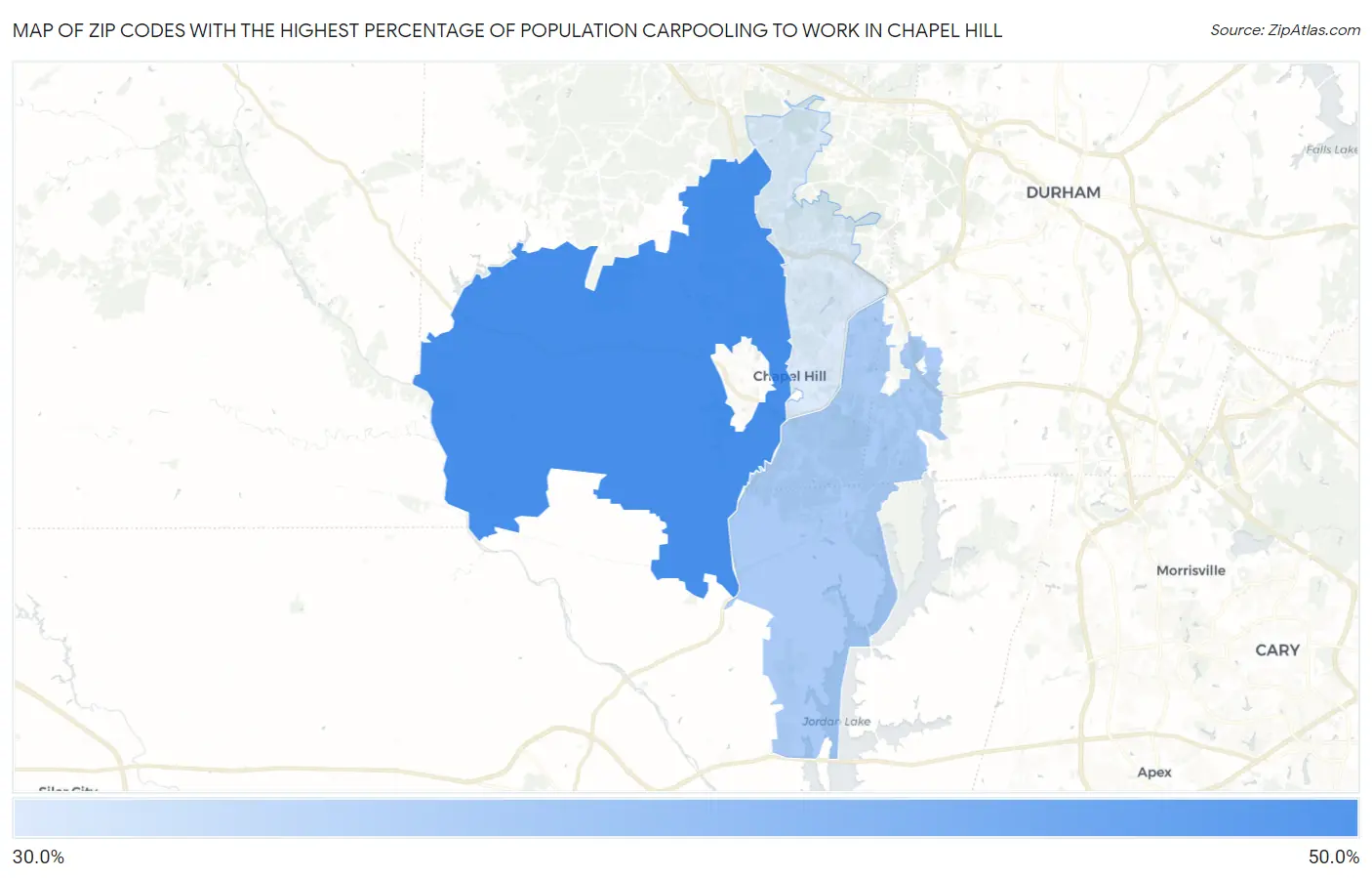 Zip Codes with the Highest Percentage of Population Carpooling to Work in Chapel Hill Map